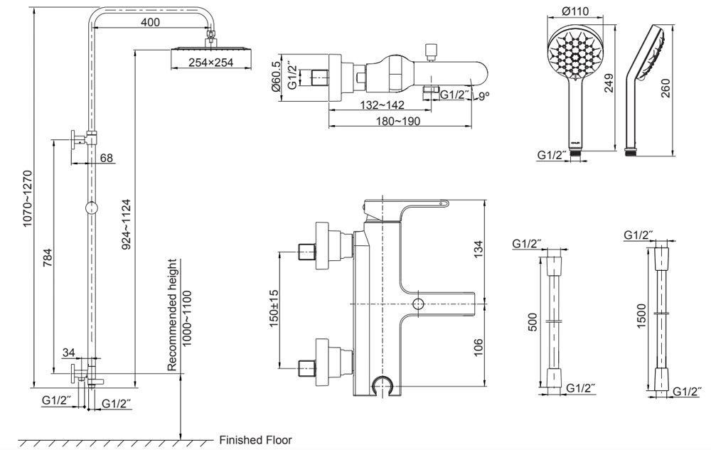 Bản vẽ kỹ thuật sen tắm cây Kohler K-72672T-D4-AF Singulier