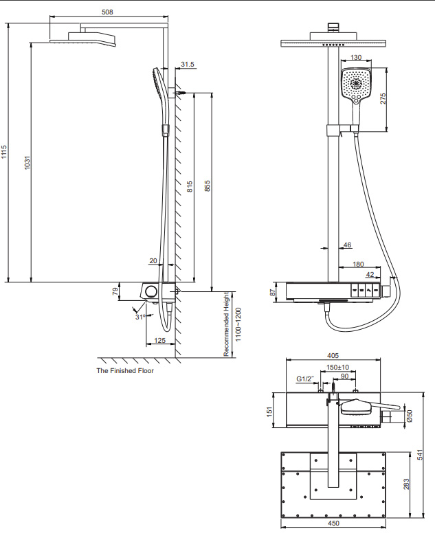Bản vẽ kỹ thuật sen tắm cây Kohler Beitou K-99879T-7-CP